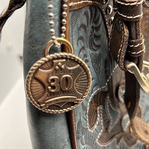 American West Gorgeous Light Blue/Brown Floral Leather Shoulder Bag Purse 🌸🌸 - Picture 6 of 14